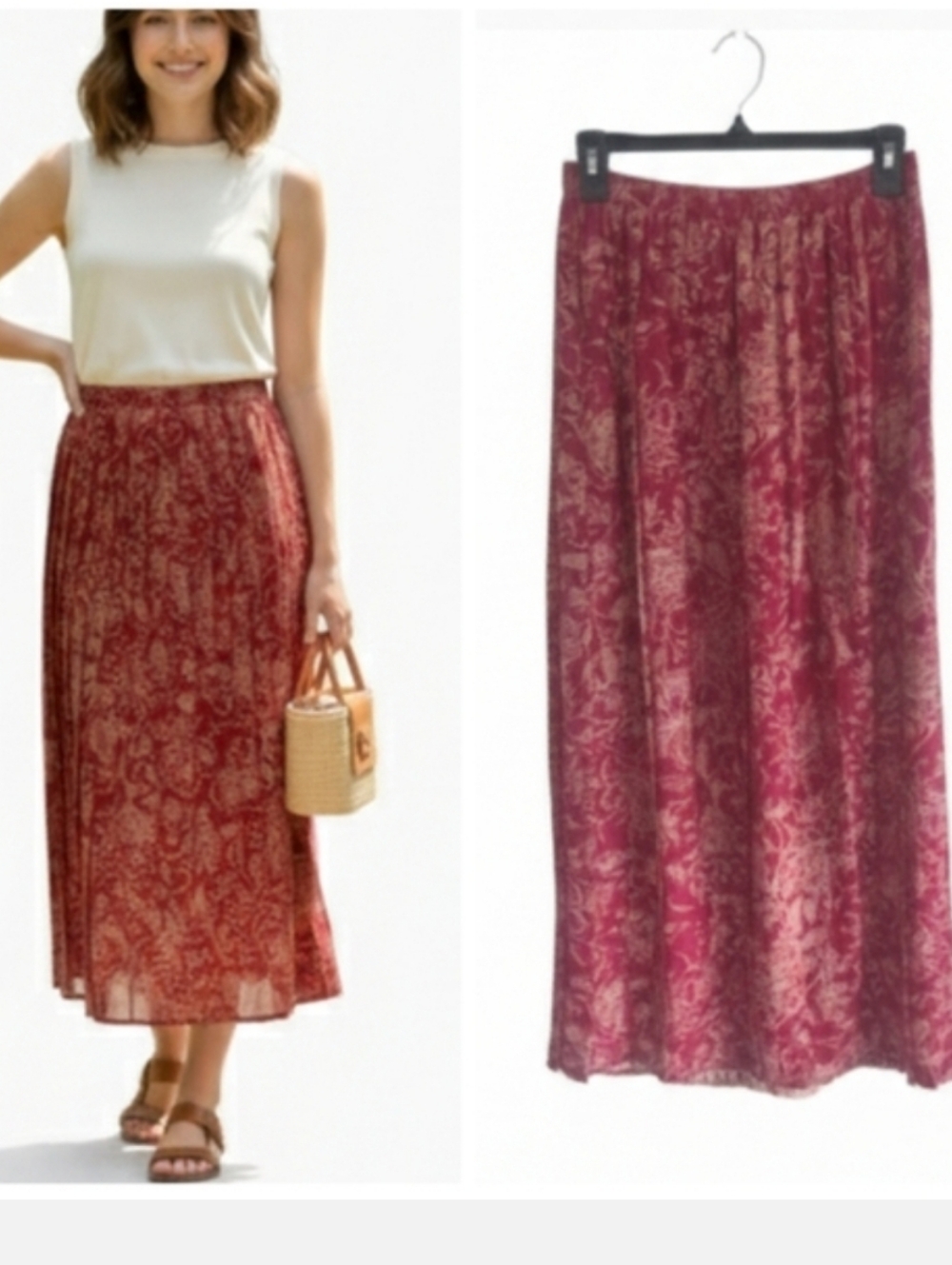 Leslie Fay Elegant Red and Gold Floral Pleated Skirt Women's Size 10 NWT
